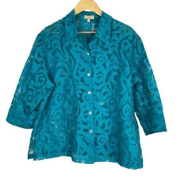 Choices Sheer Linen Blend Top 3/4 Length Sleeves Button Front XL Teal Green Blue - Picture 6 of 6
